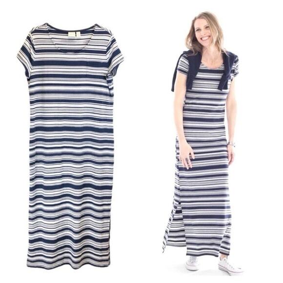 Zenergy Chico’s Maxi Dress Women XL (3) Blue White Stripe Nautical Sailor Cruise - Picture 1 of 15